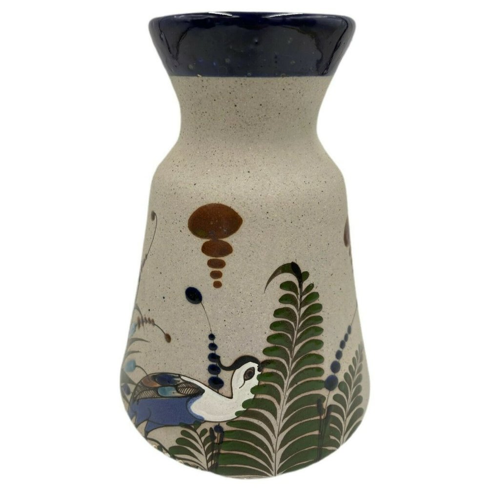 Tonala Mexican Stoneware Pottery Vase Cobalt Rim Birds Butterfly Signed Mateo